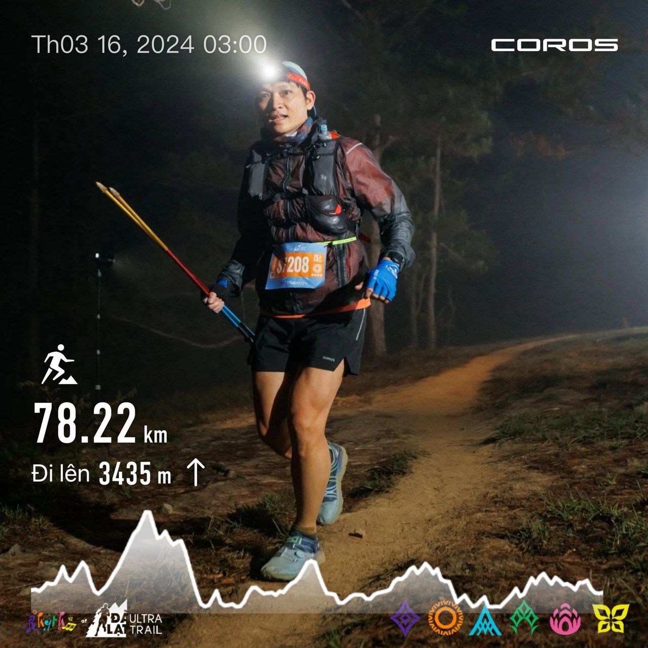 Cao Tri chạy đêm trong rừng thông tại Dalat Ultra Trail 2024, 78,22 km, đi lên 3435 m