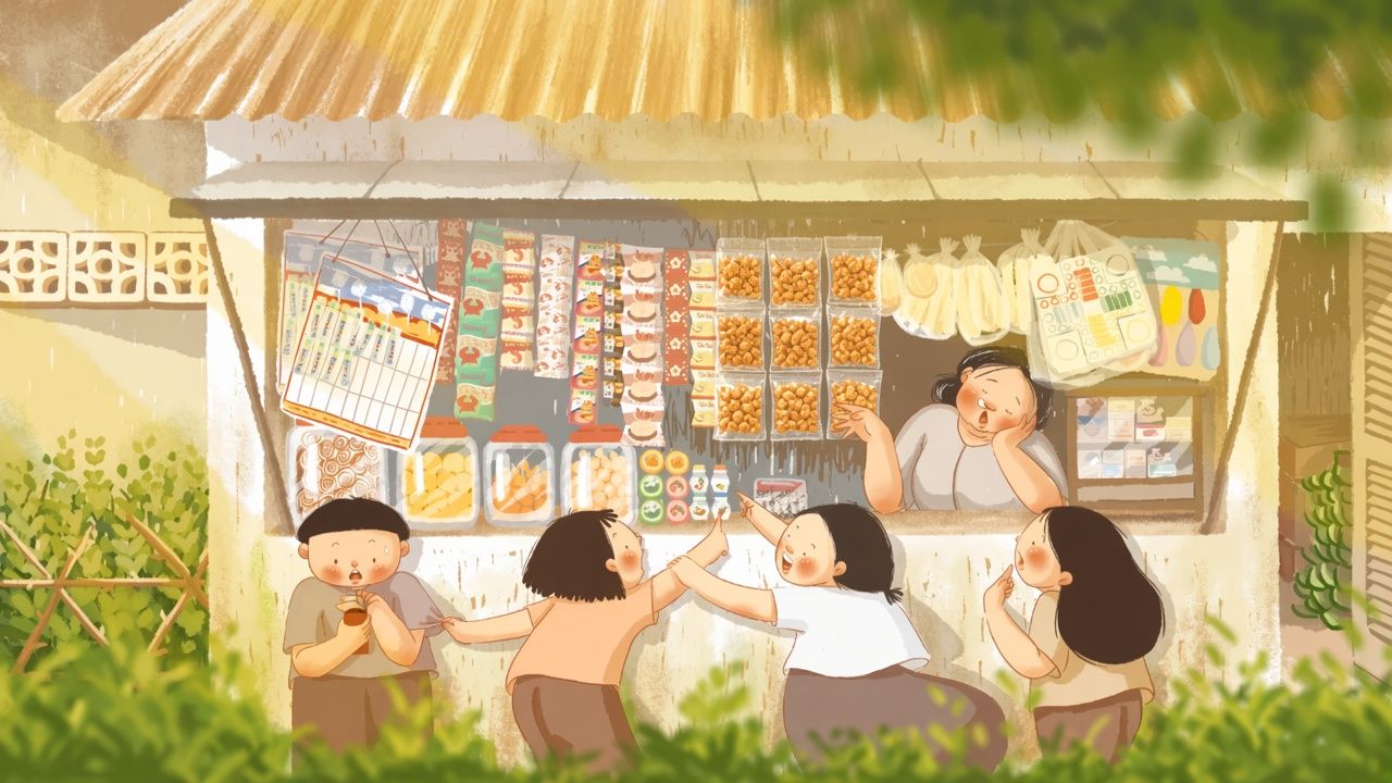 Tranh minh họa tiệm tạp hóa xưa với dây đậu phộng da cá treo giữa các dây bánh kẹo, trẻ em háo hức chỉ trỏ